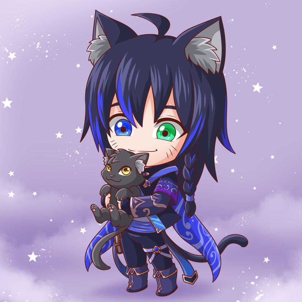 Chibi fantasy catboy with cat ears, blue/black hair and heterochromatic blue and green eyes, in blue armor, hugging a small black cat against a purple starry background.